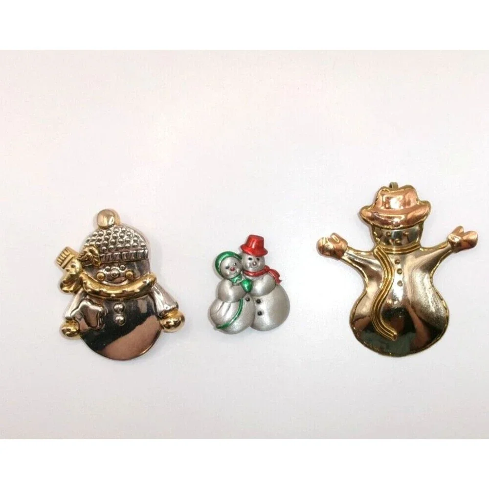 Lot of 3 Vintage Christmas Snowman Pins Brooches Pendants Mixed Metals 1 Signed